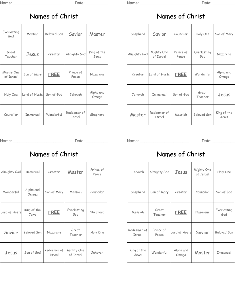 Names of Christ Bingo Cards