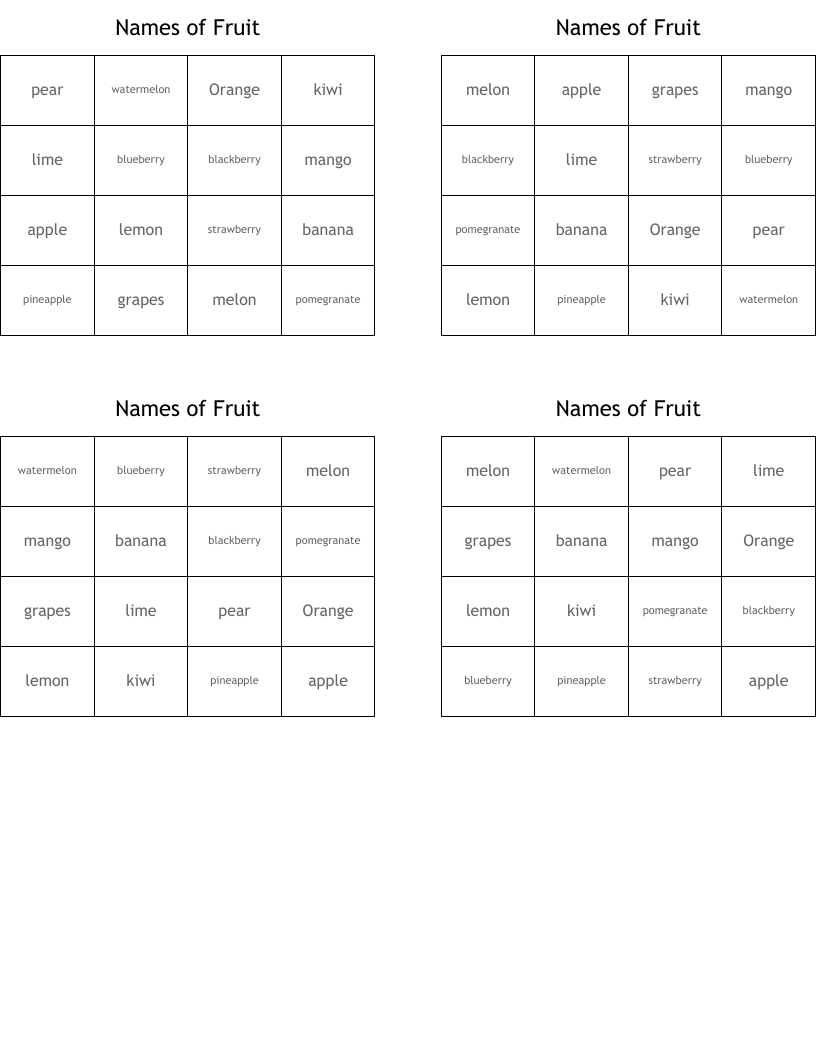Names of Fruit Bingo Cards