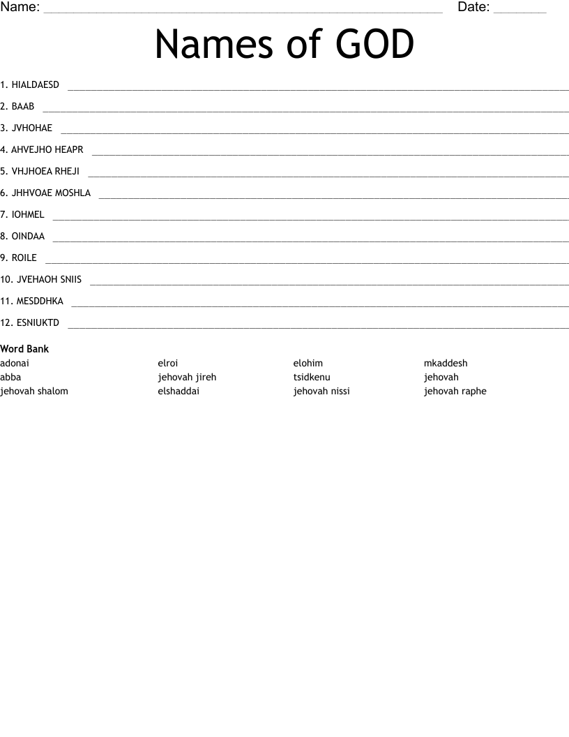 Names of GOD Word Scramble