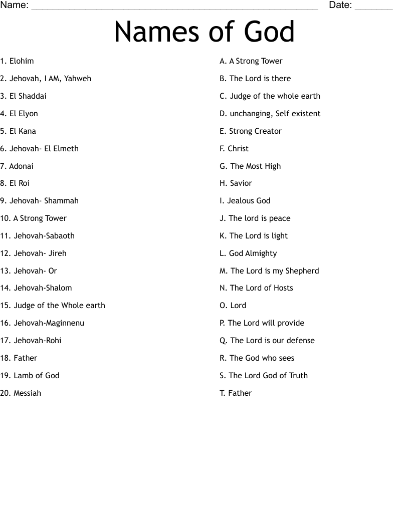 Names of God Worksheet