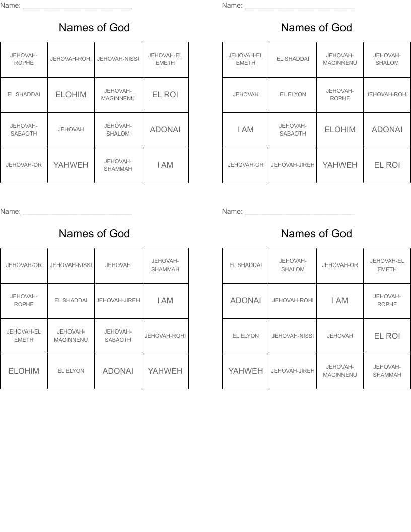Names of God Bingo Cards