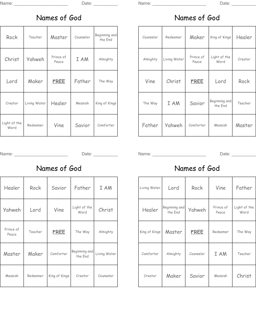 Names of God Bingo Cards