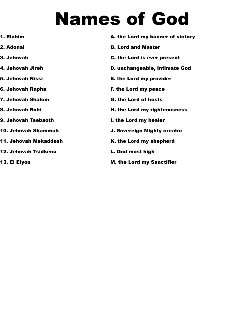 Names of God Worksheet