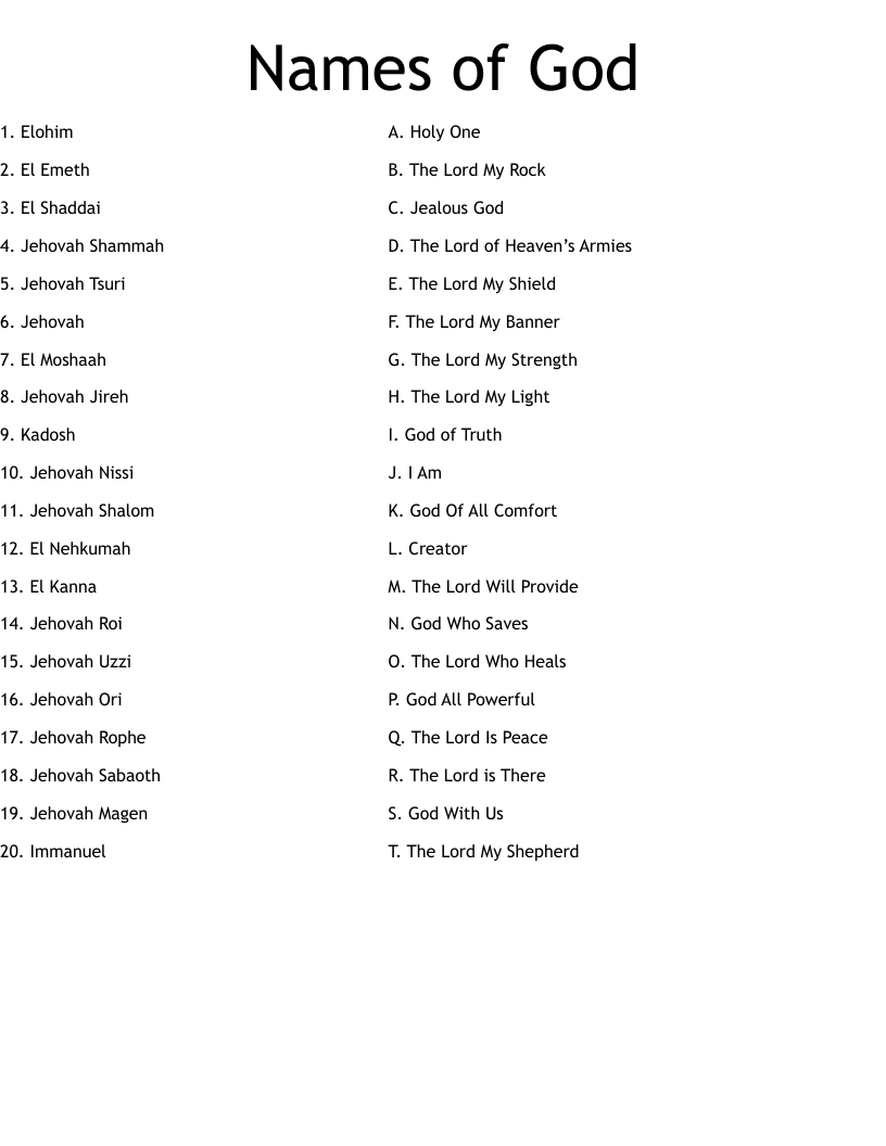 Names of God Worksheet