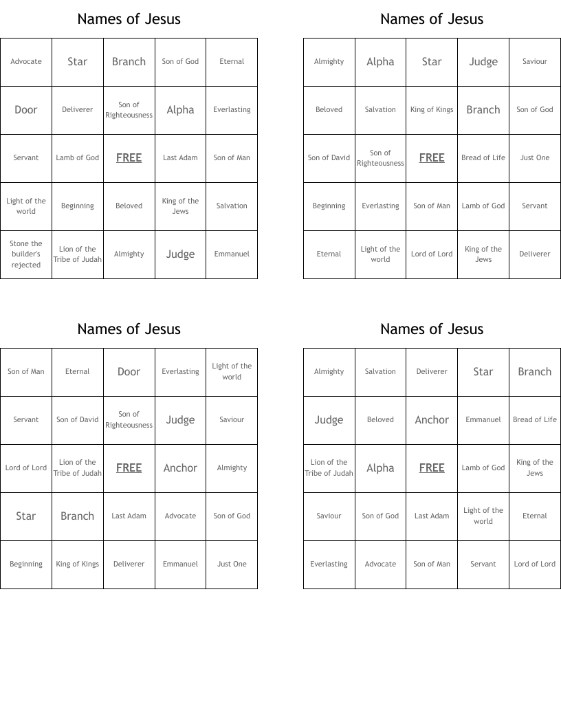 Names of Jesus Bingo Cards