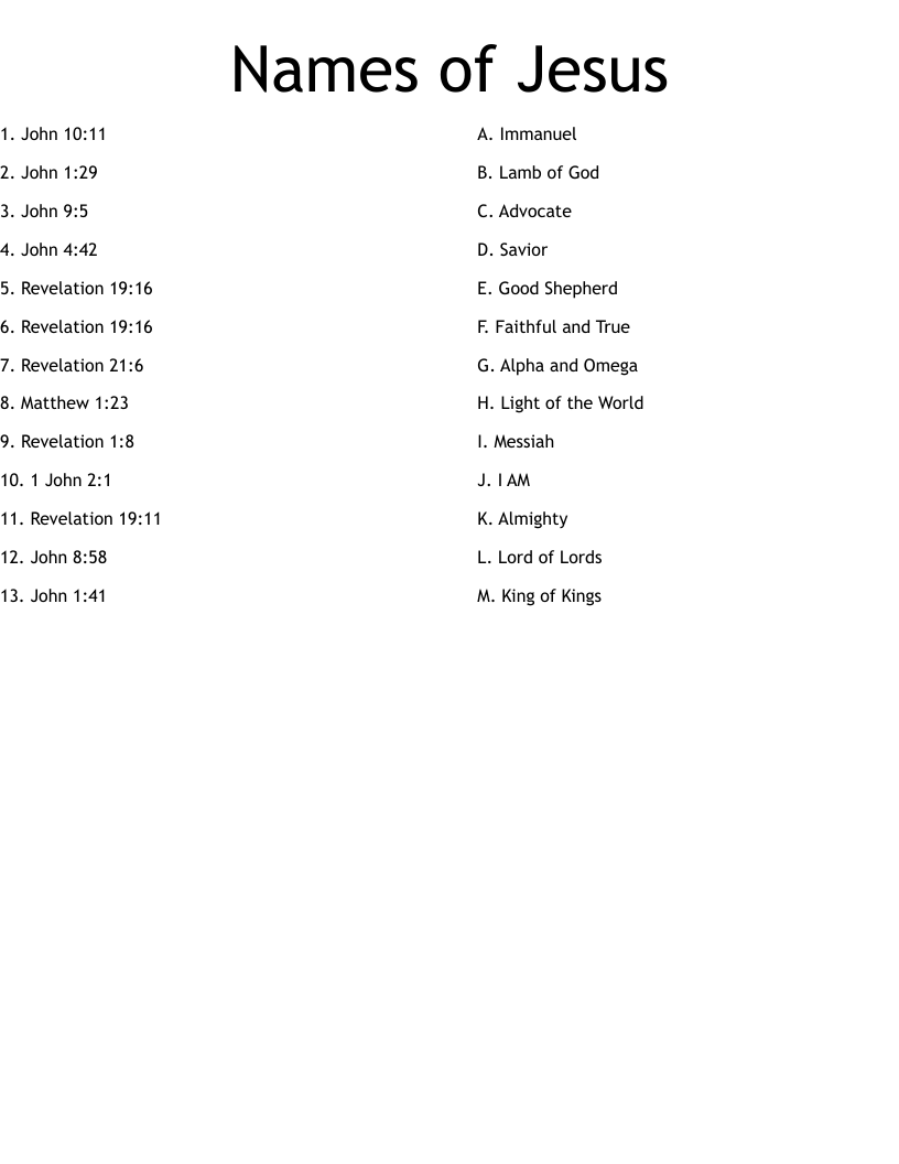 Names of Jesus Worksheet