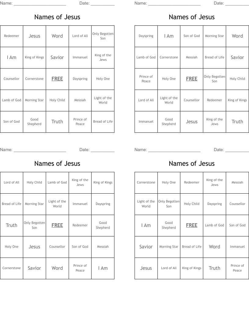 Names of Jesus Bingo Cards