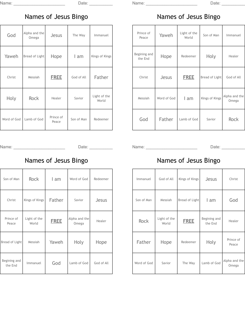 Names of Jesus Bingo 