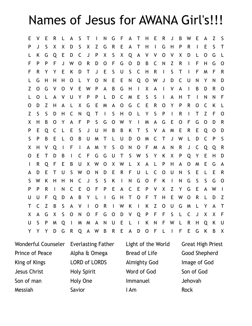Names of Jesus for AWANA Girl's!!!  Word Search