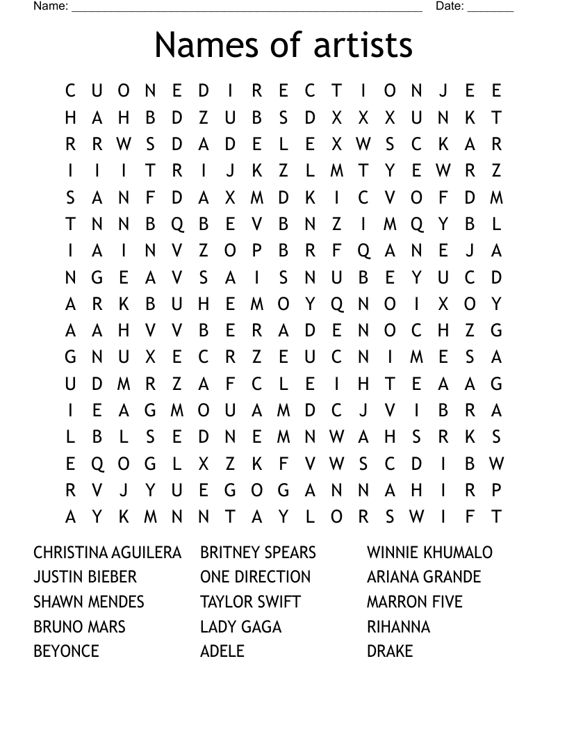 Names of artists Word Search