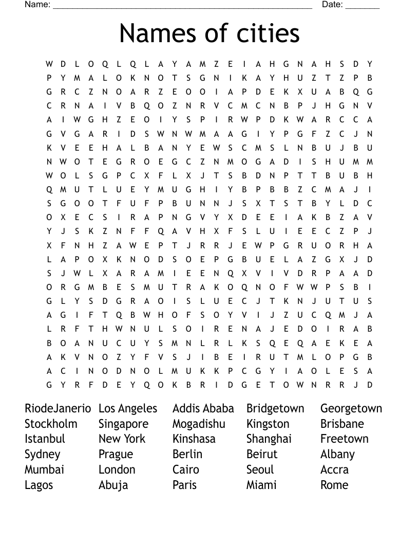 Names of cities Word Search