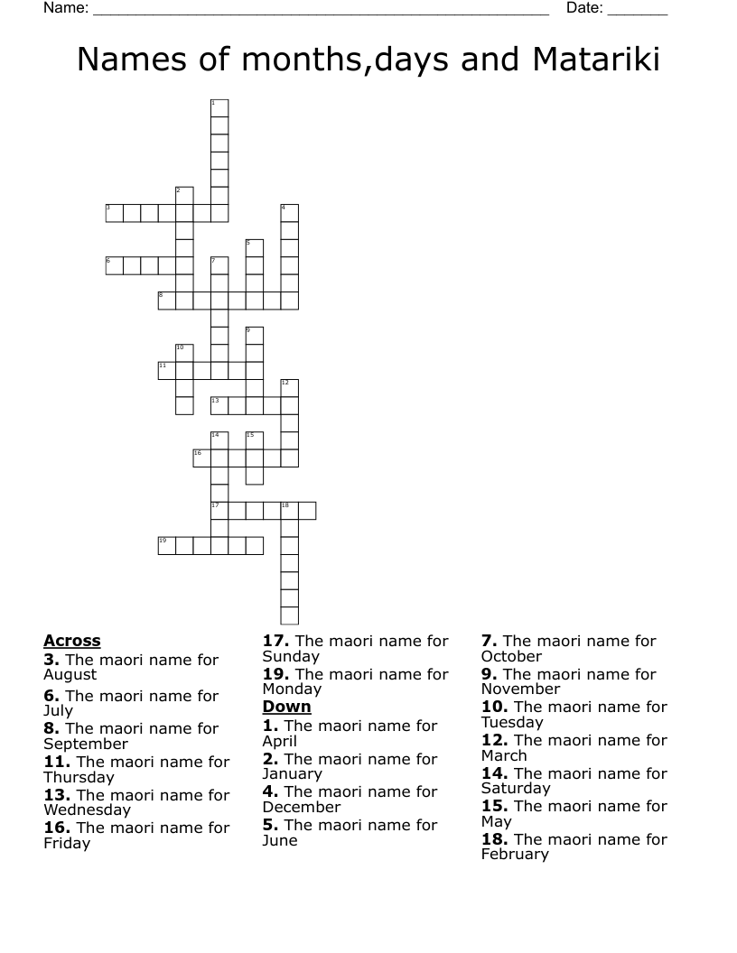 Names of months,days and Matariki Crossword