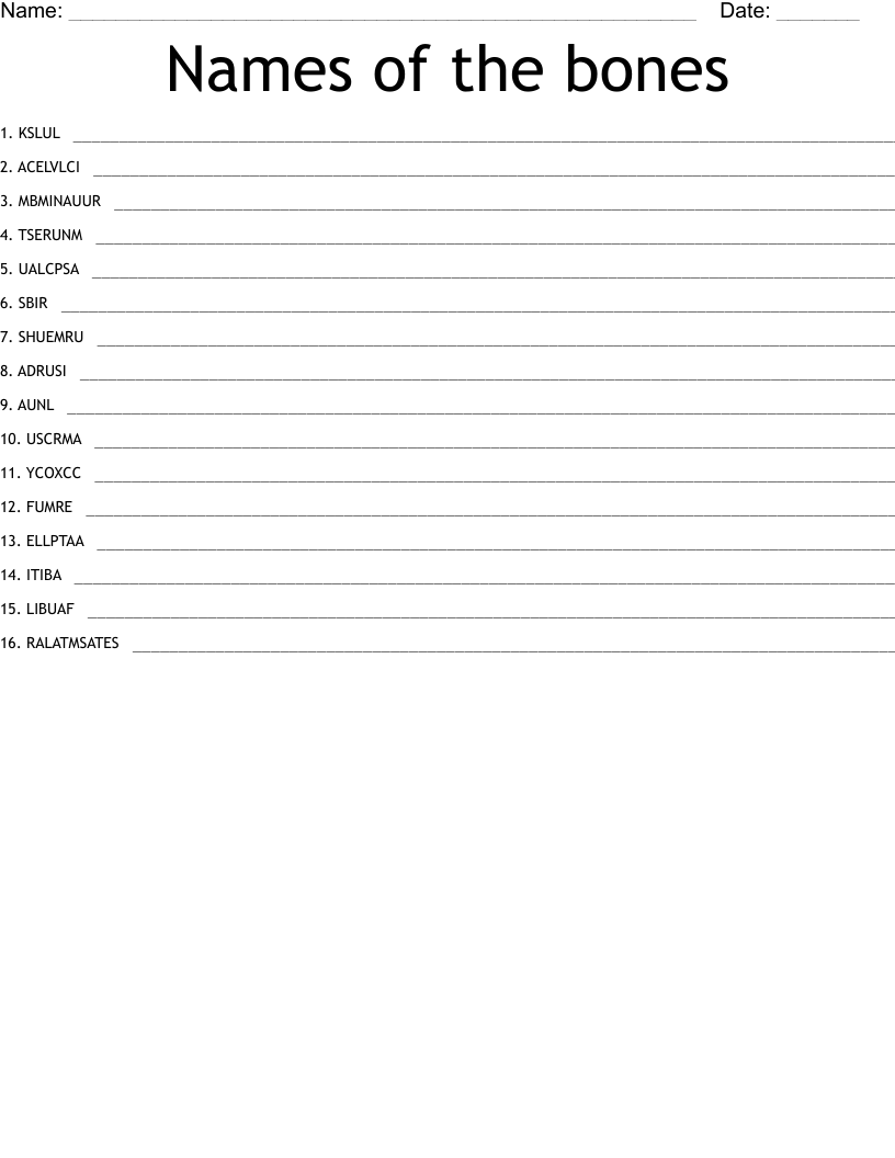 Names of the bones Word Scramble