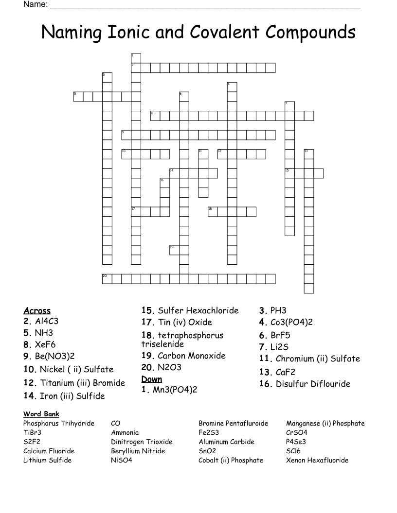 Naming Ionic and Covalent Compounds Crossword