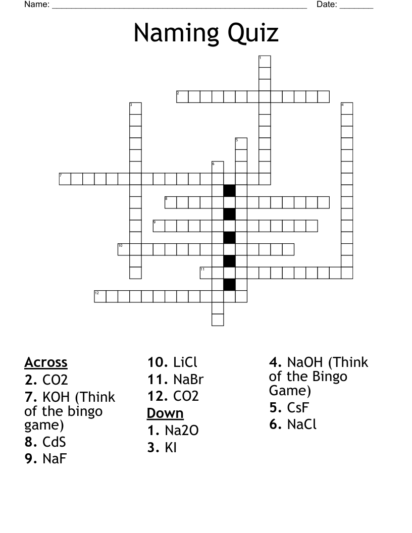 Naming Quiz Crossword