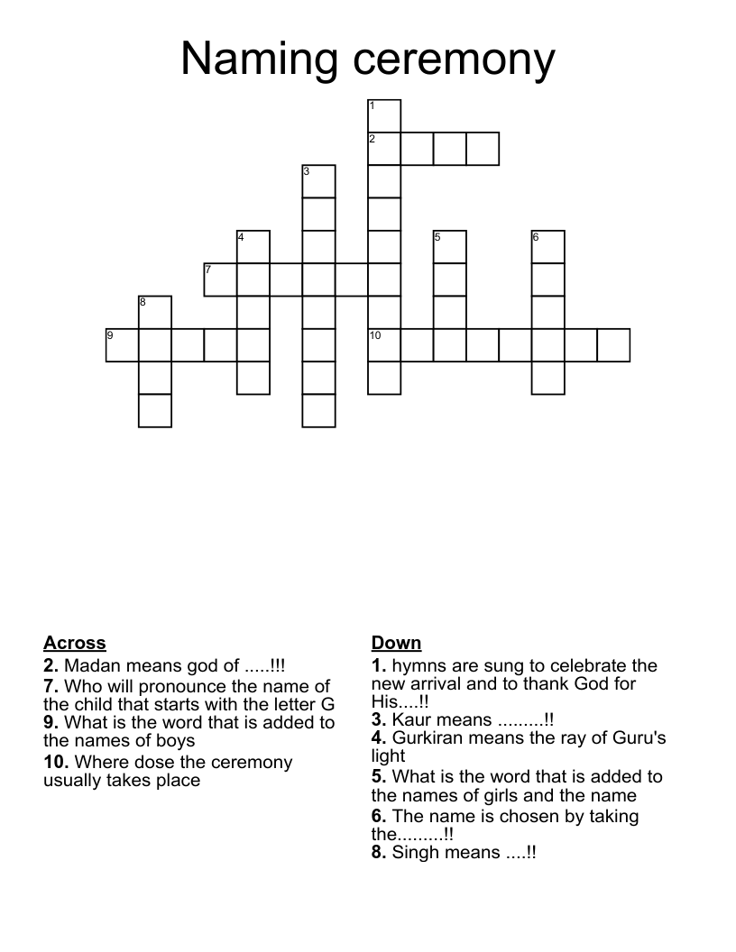 Naming ceremony Crossword
