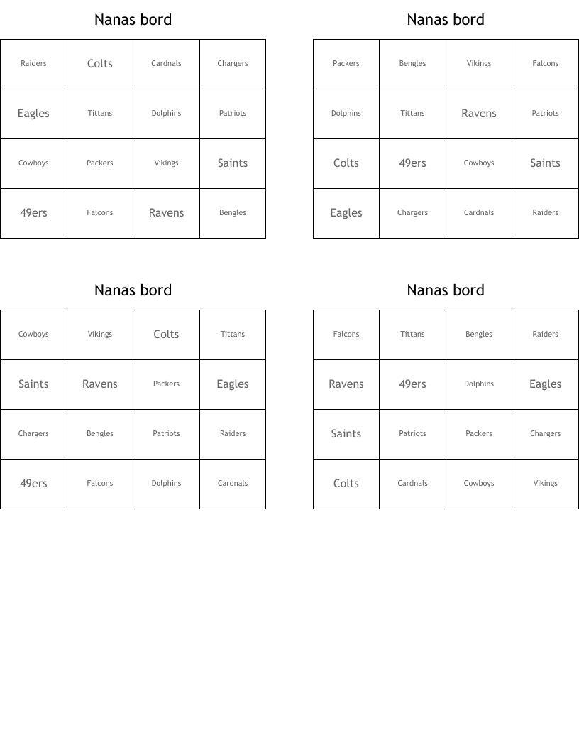 Nanas bord Bingo Cards