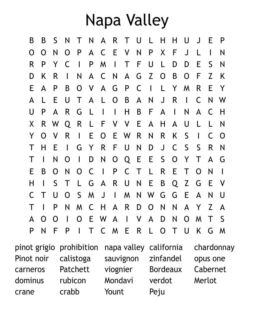 Napa Valley Word Search