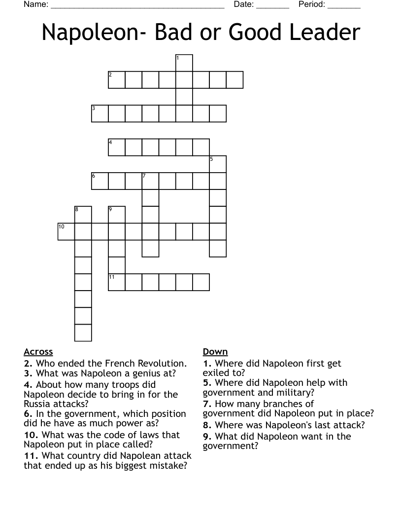 Napoleon- Bad or Good Leader Crossword