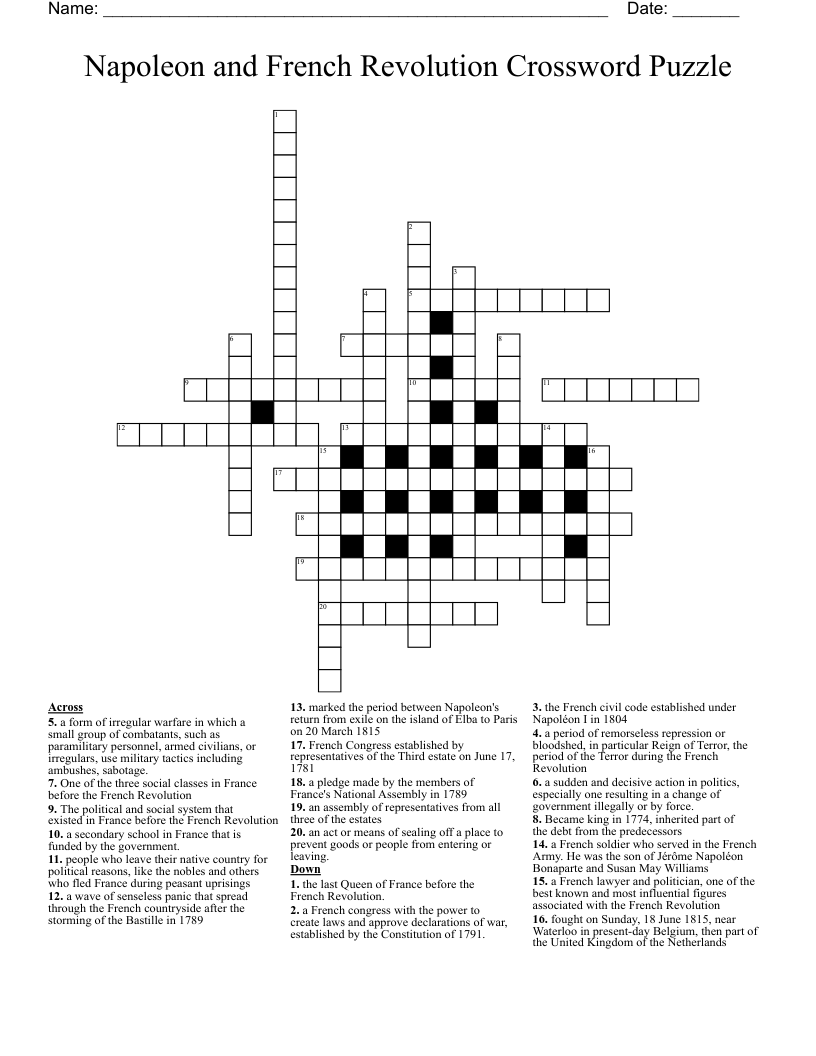Napoleon and French Revolution Crossword Puzzle