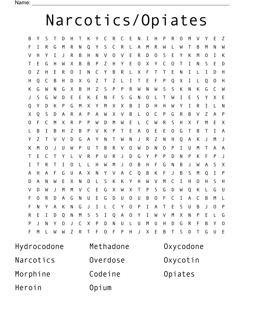 Narcotics/Opiates Word Search