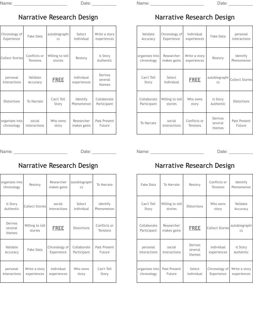Narrative Research Design Bingo Cards
