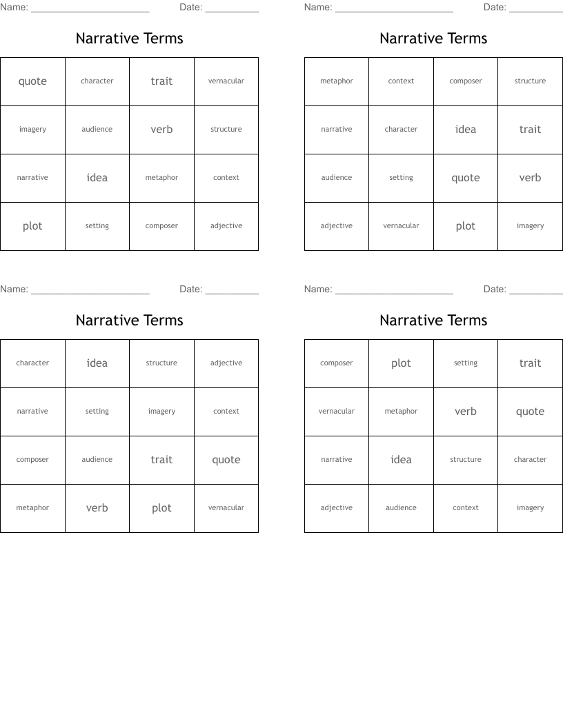 Narrative Terms Bingo Cards
