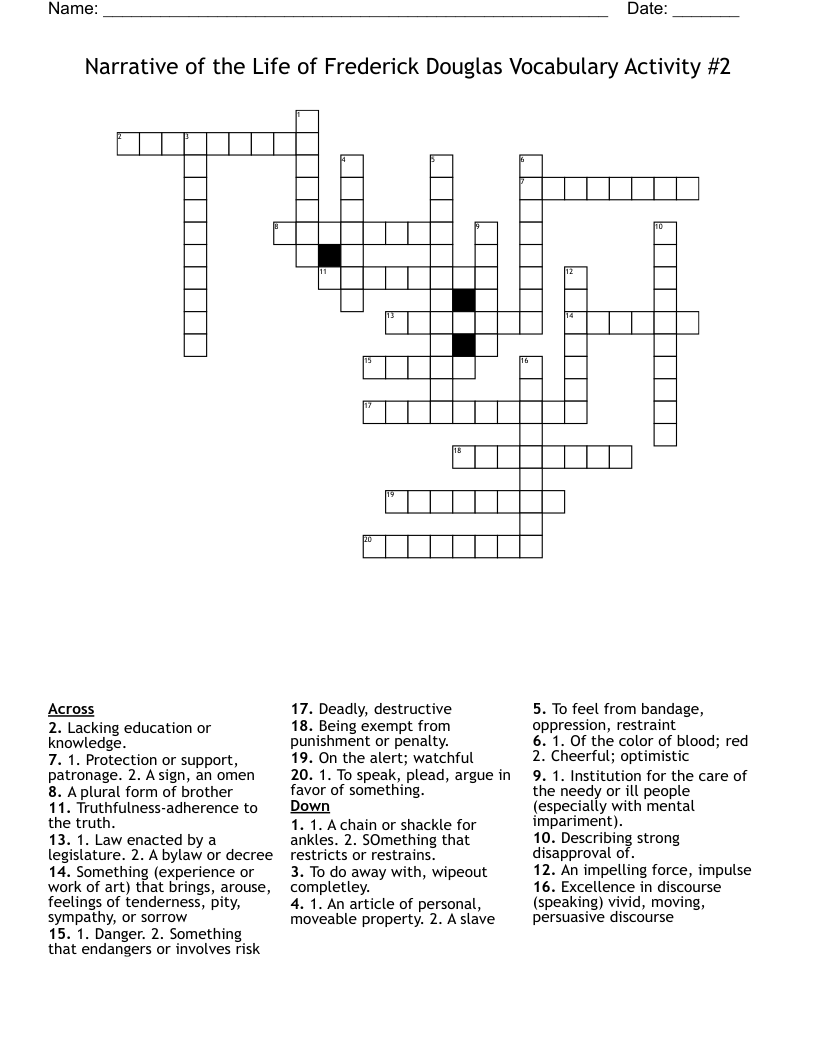 Narrative of the Life of Frederick Douglas Vocabulary Activity #2 Crossword