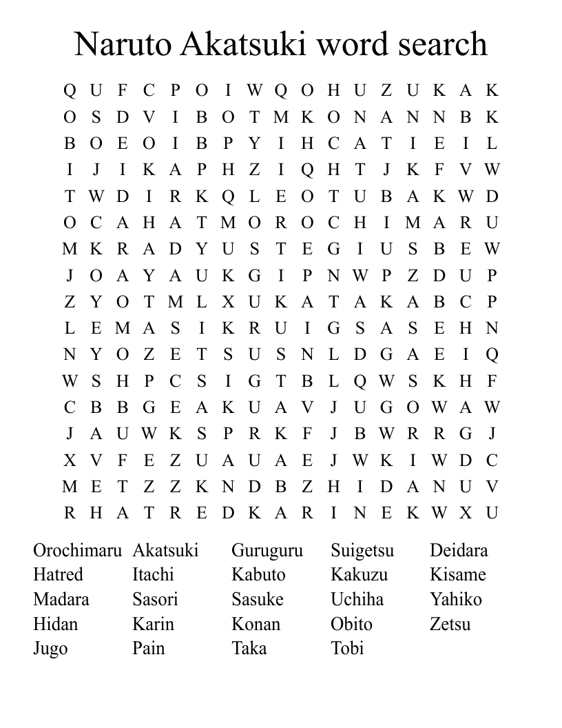 Naruto Akatsuki word search 