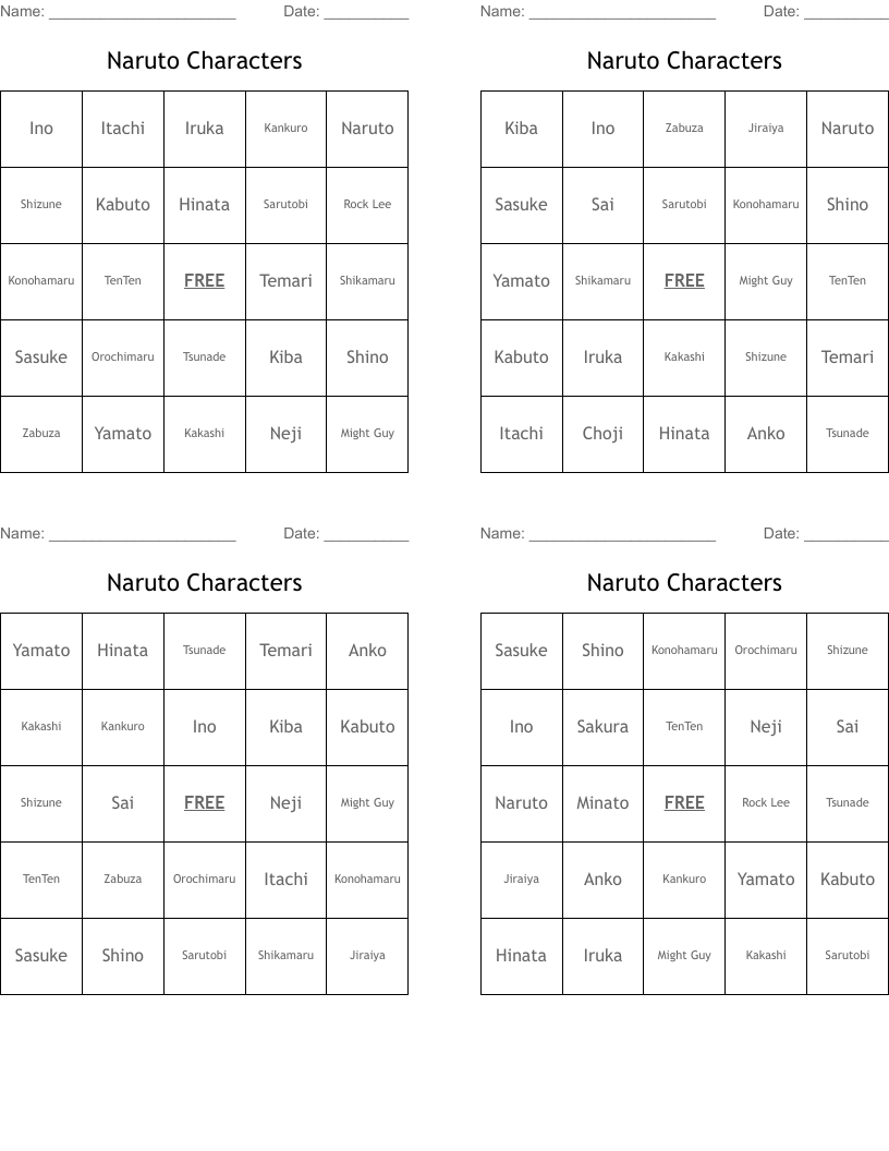 Naruto Characters Bingo Cards