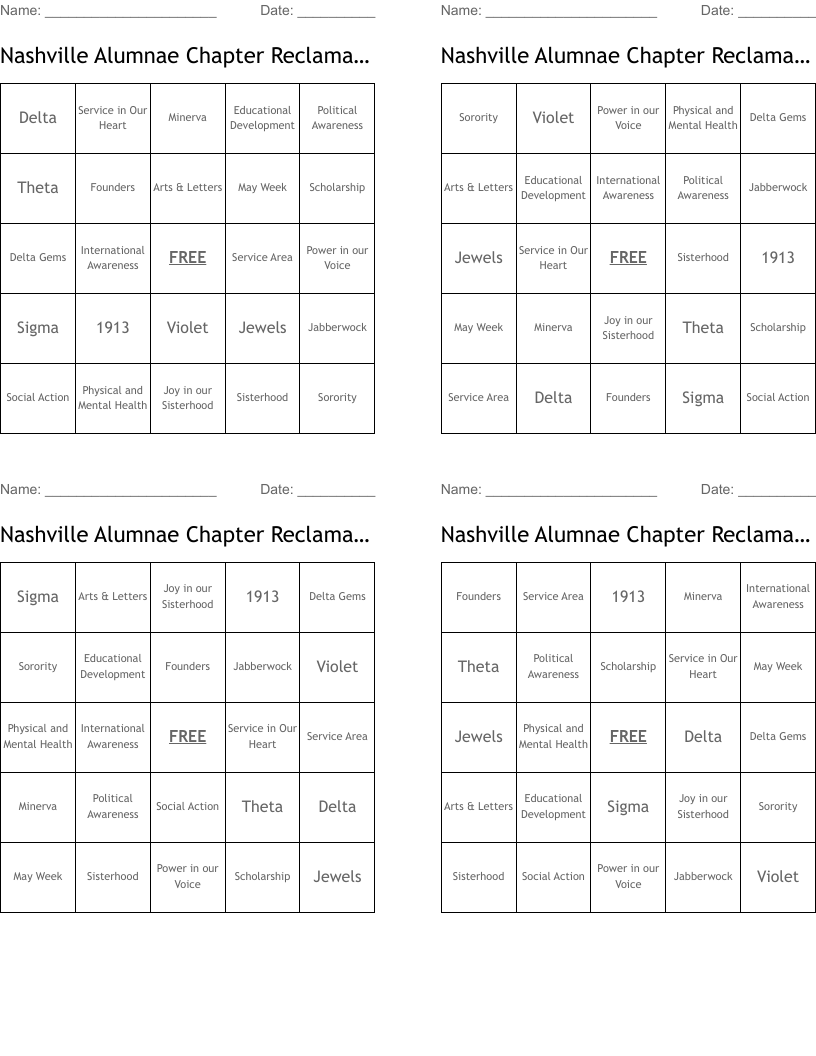Nashville Alumnae Chapter Reclamation 2020 Bingo Cards