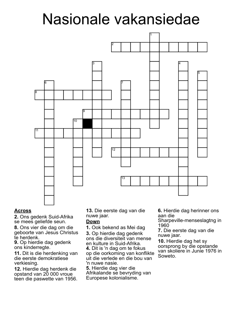 Nasionale vakansiedae Crossword