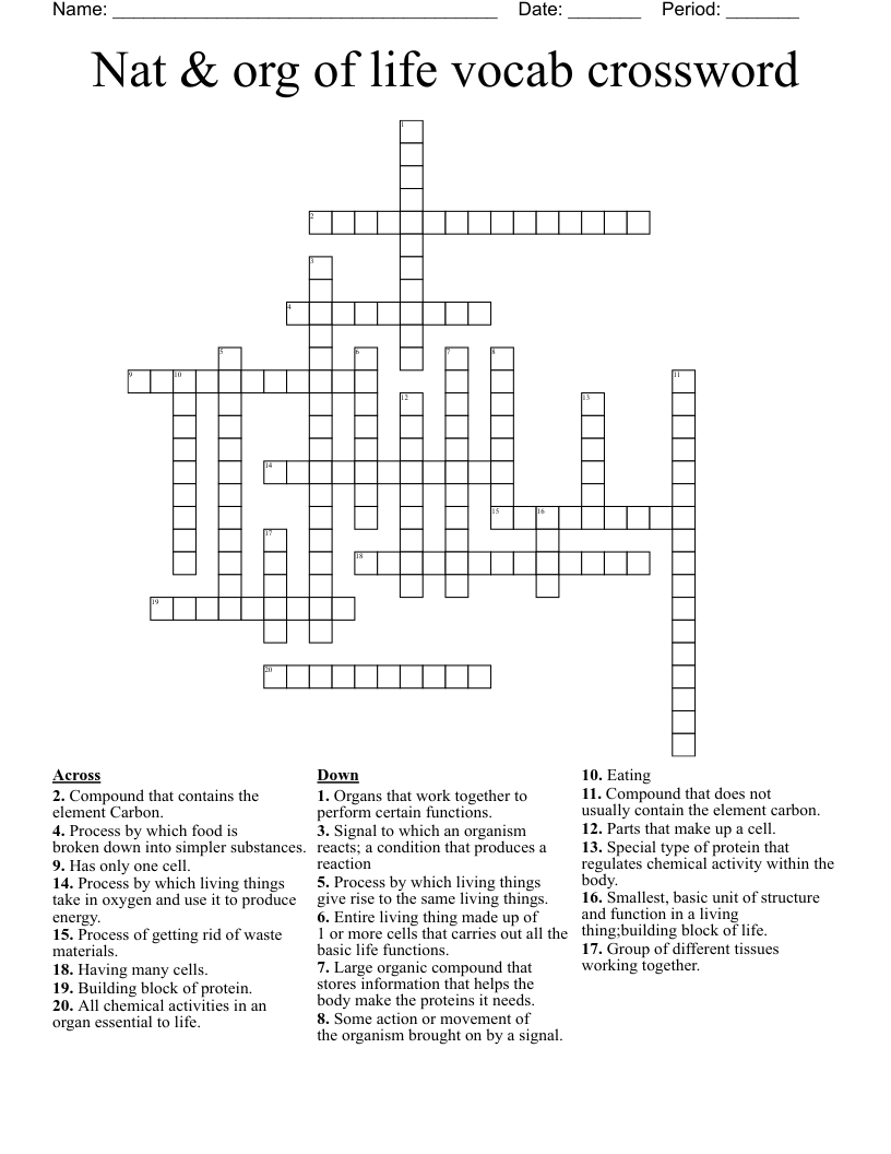 Nat & org of life vocab crossword