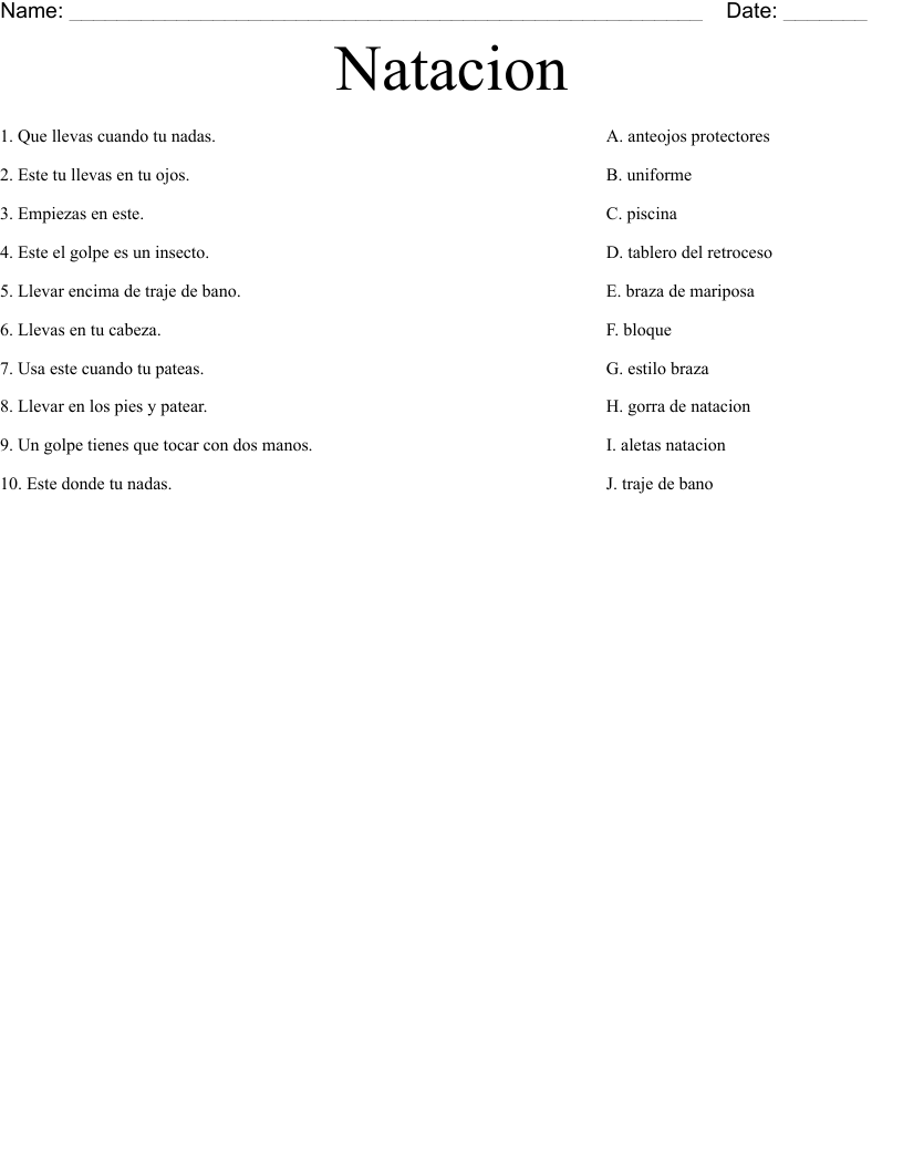Natacion Worksheet