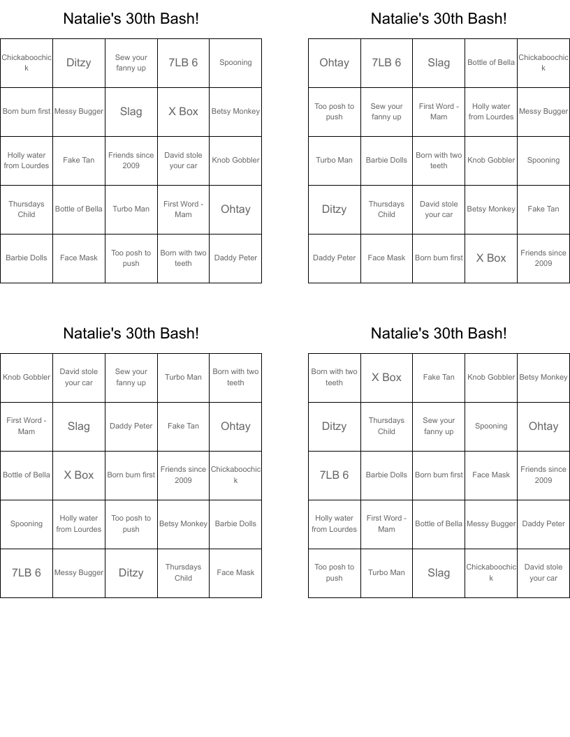 Natalie's 30th Bash! Bingo Cards