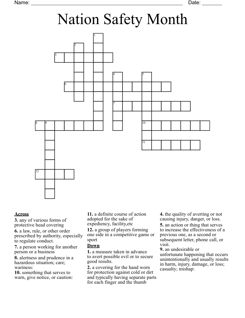 Nation Safety Month  Crossword