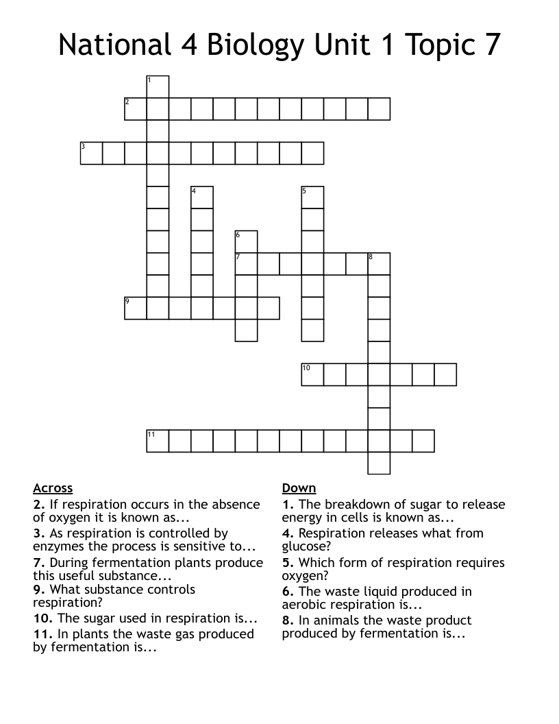 National 4 Biology Unit 1 Topic 7 Crossword