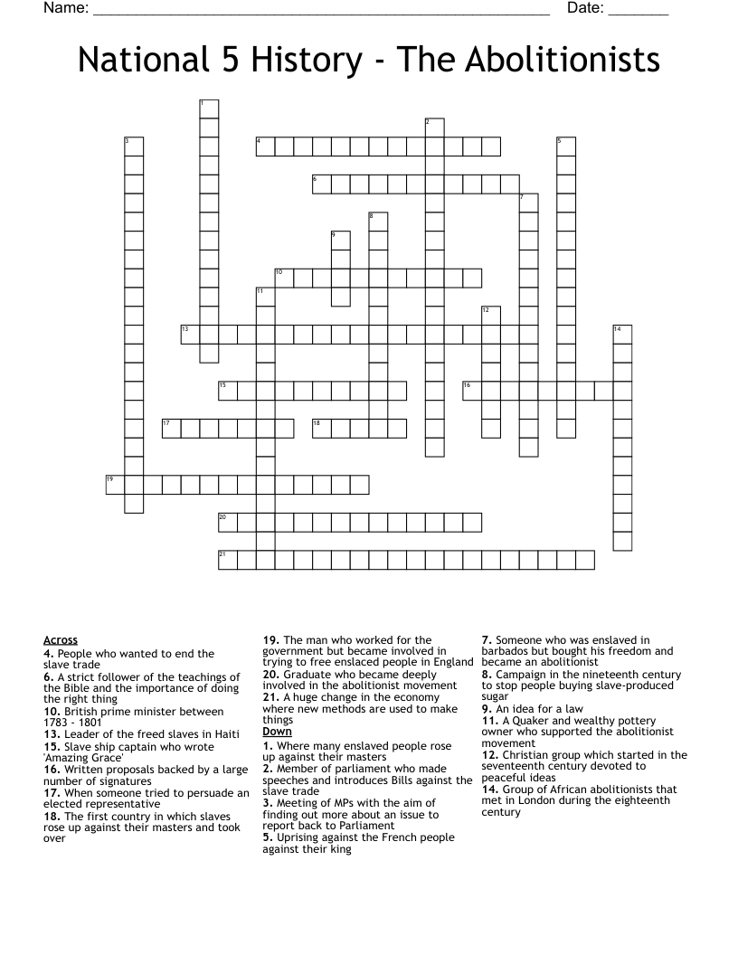 National 5 History - The Abolitionists Crossword