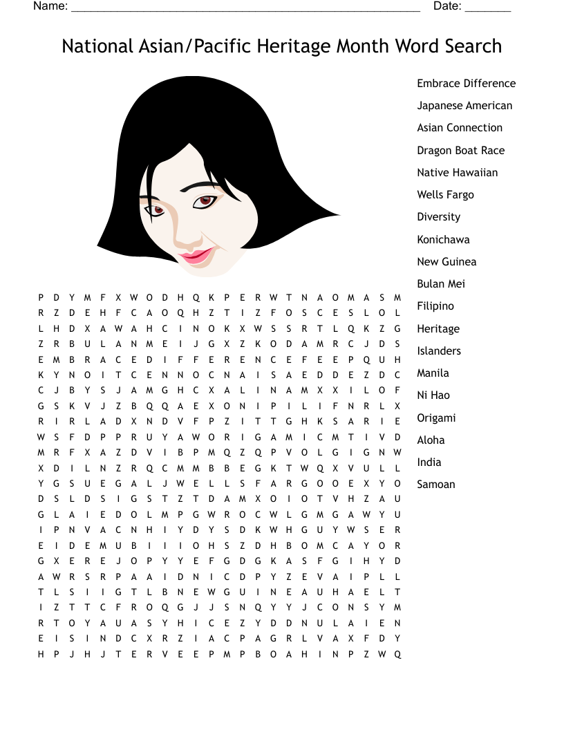 National Asian/Pacific Heritage Month Word Search 