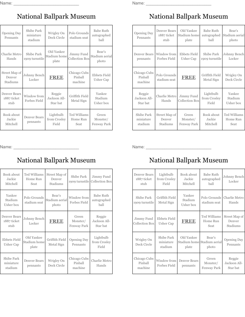 National Ballpark Museum Bingo Cards
