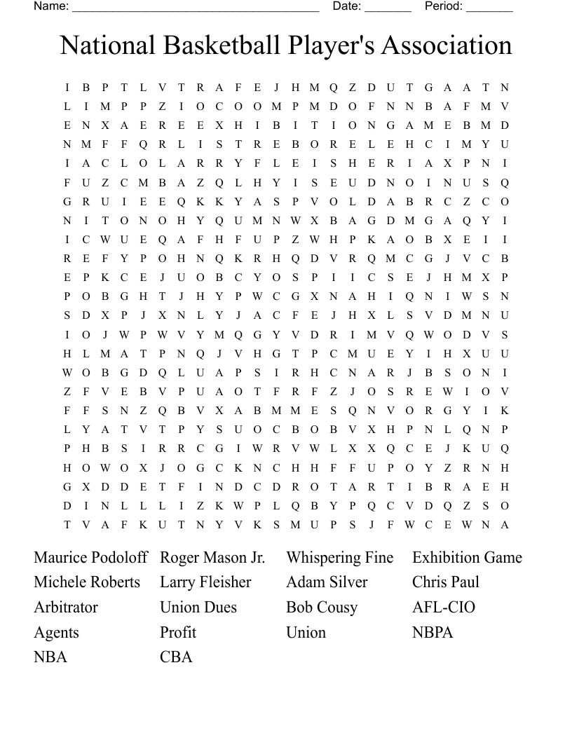 National Basketball Player's Association Word Search