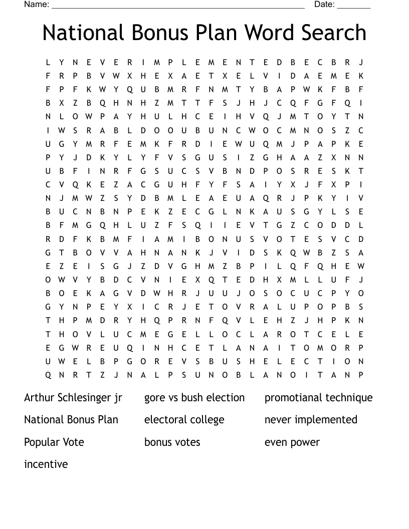 National Bonus Plan Word Search