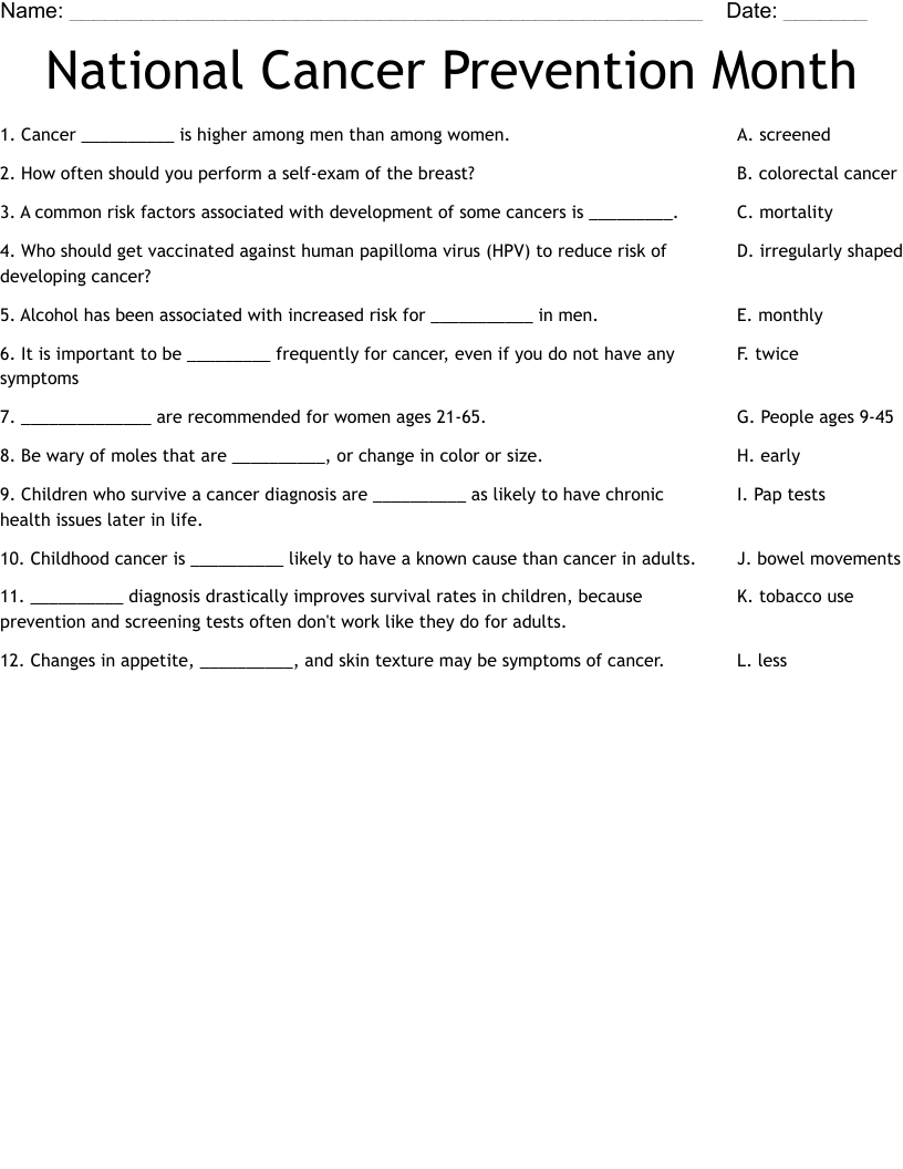 National Cancer Prevention Month Worksheet