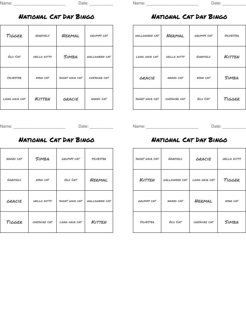 National Cat Day Bingo