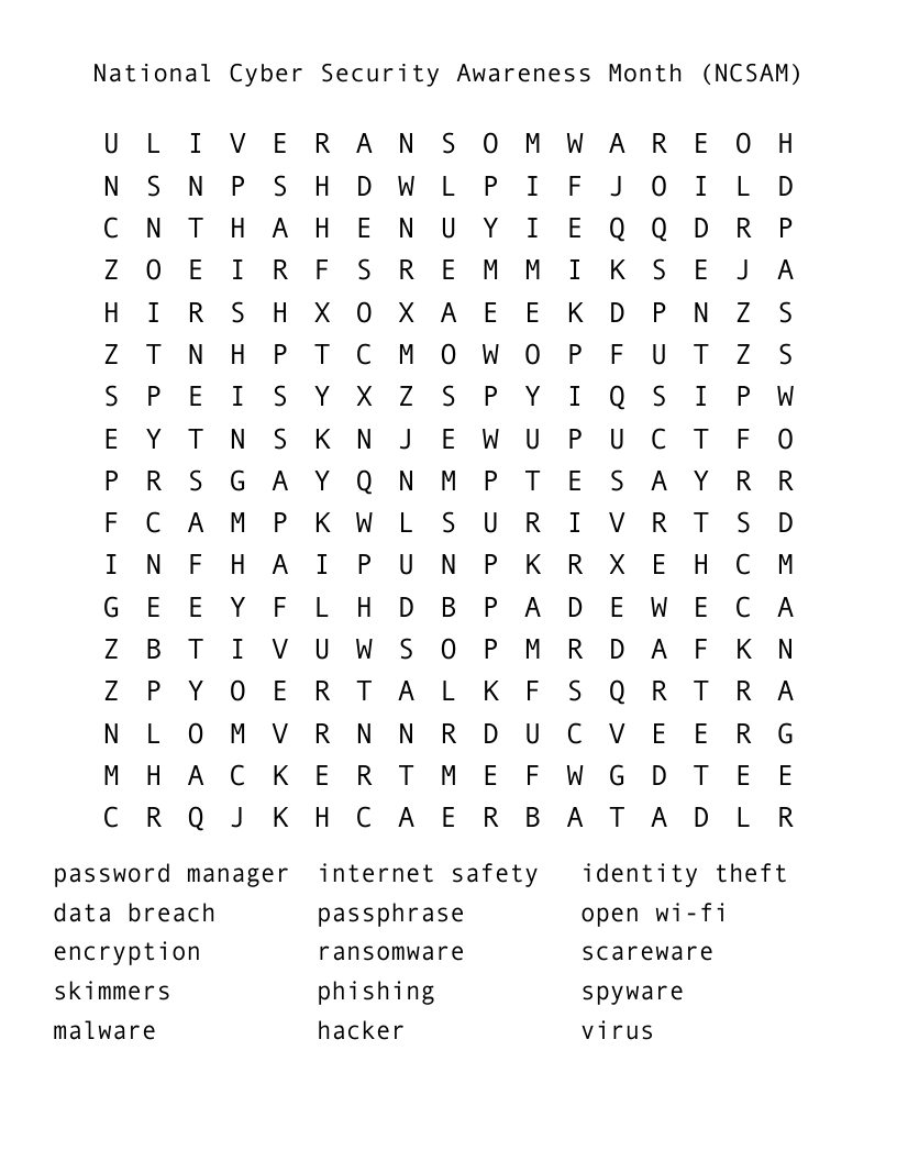 National Cyber Security Awareness Month (NCSAM) Word Search