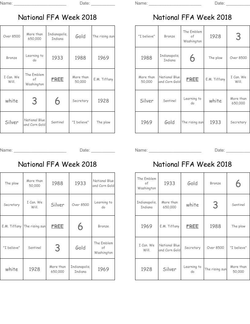 National FFA Week 2018 Bingo Cards