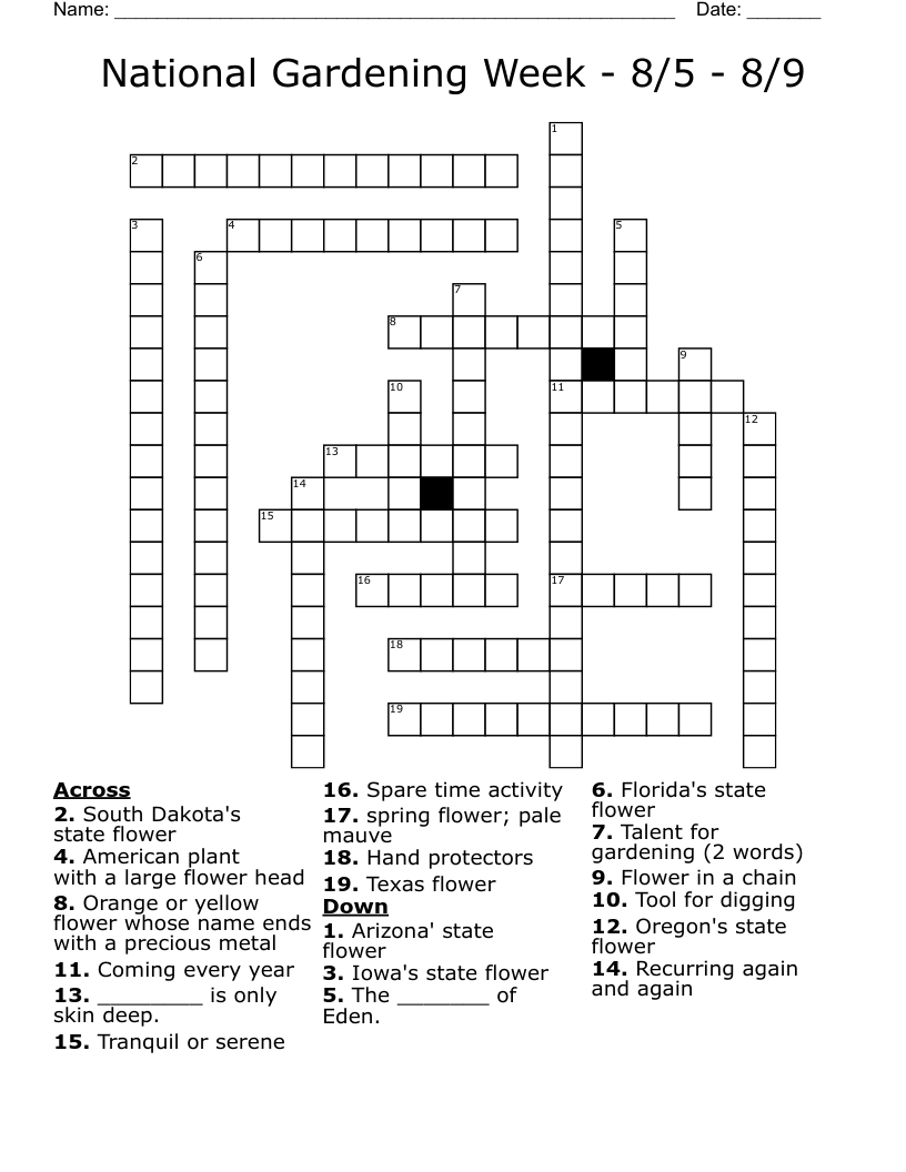 National Gardening Week  - 8/5 - 8/9 Crossword