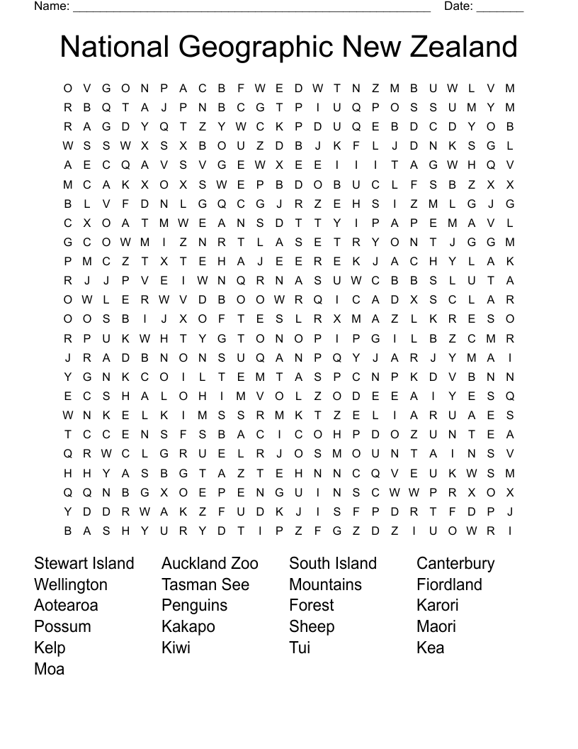 National Geographic New Zealand Word Search