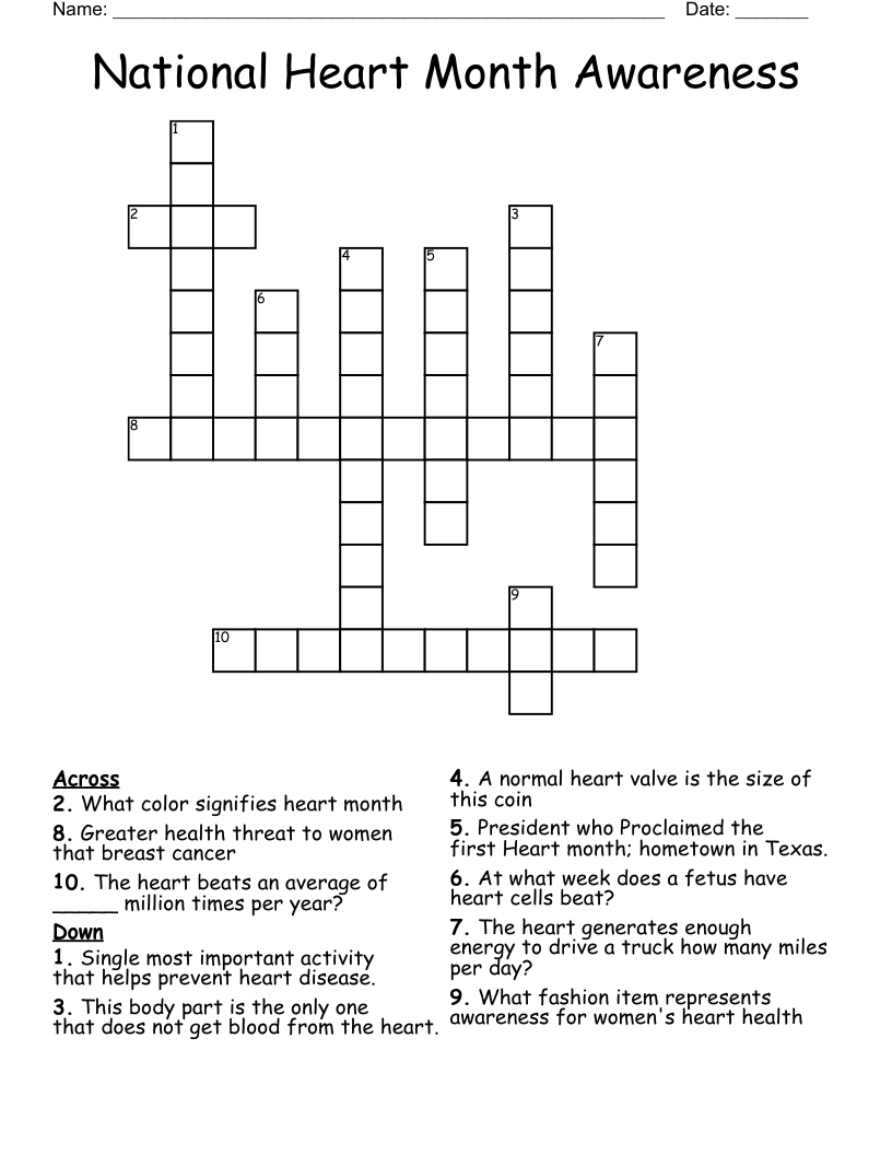 National Heart Month Awareness Crossword