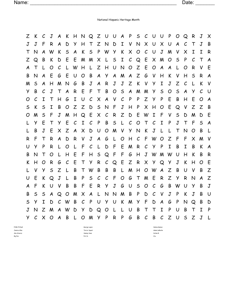 National Hispanic Heritage Month                                                                                                                                                                                        Word Search